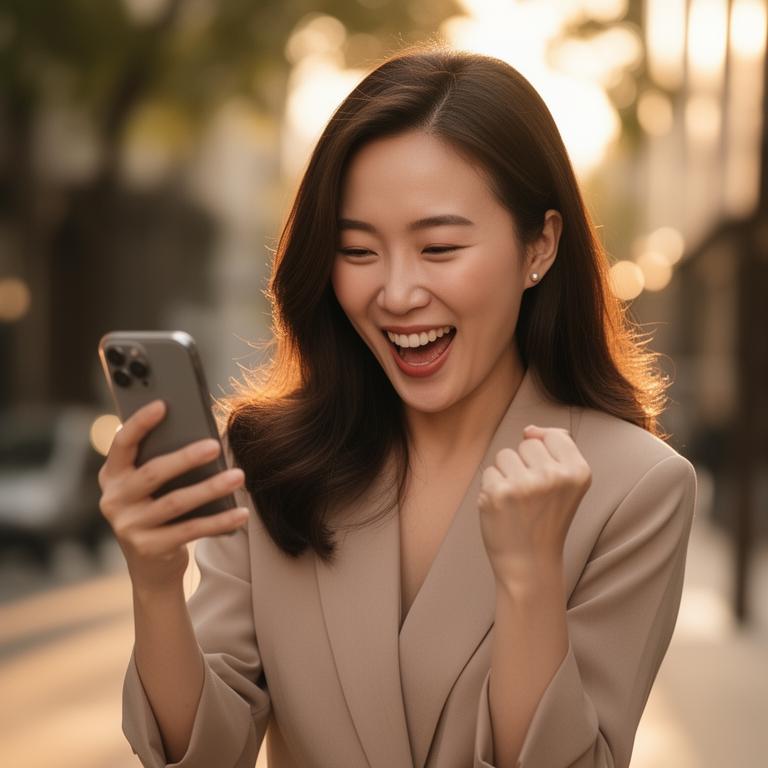 Woman celebrating earnings on phone